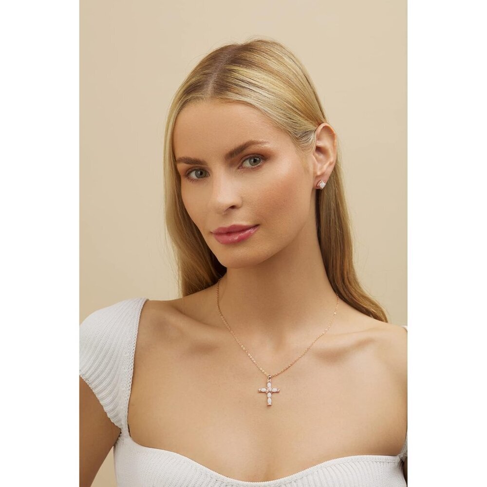 Gold Plated Opal Cross Necklace 18in with 2in Extension for Women Girls - Picture 2 of 5